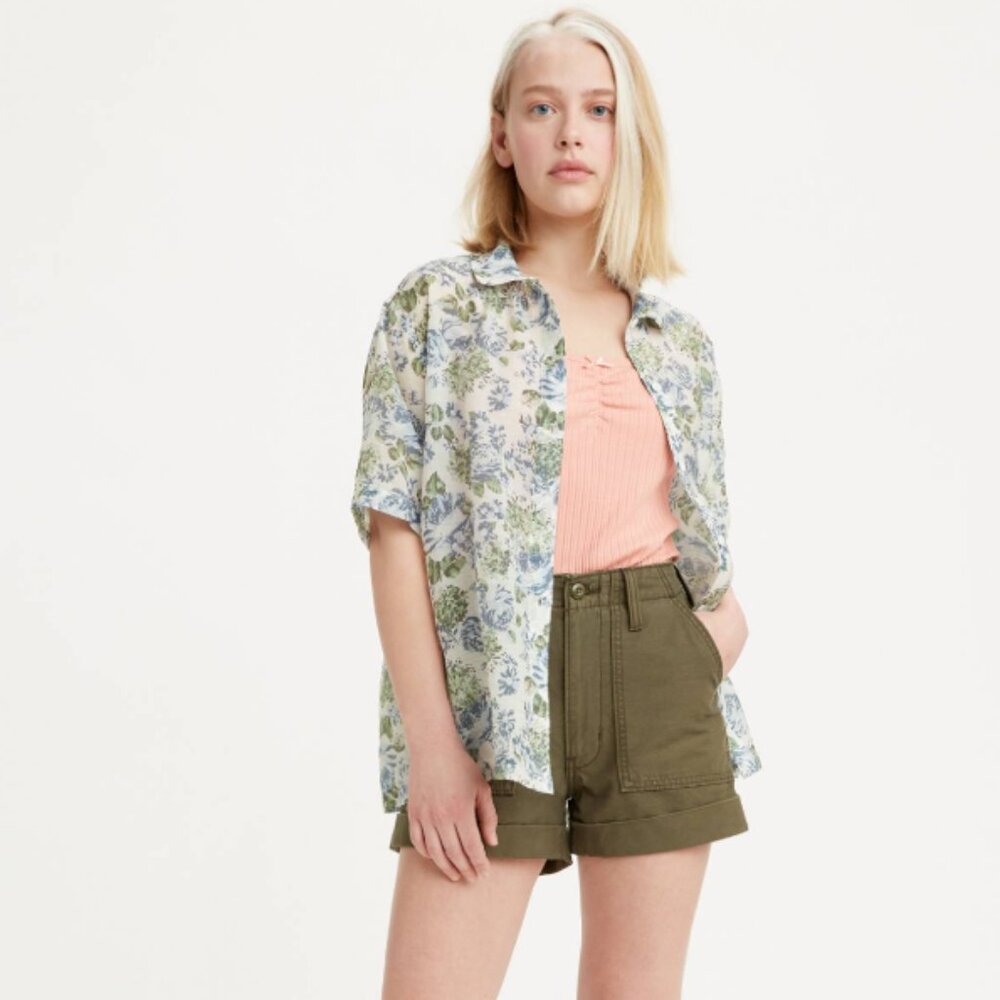 NWT LEVI'S Ribcage Womens Utility Shorts Olive Green High Rise Flap Pockets
